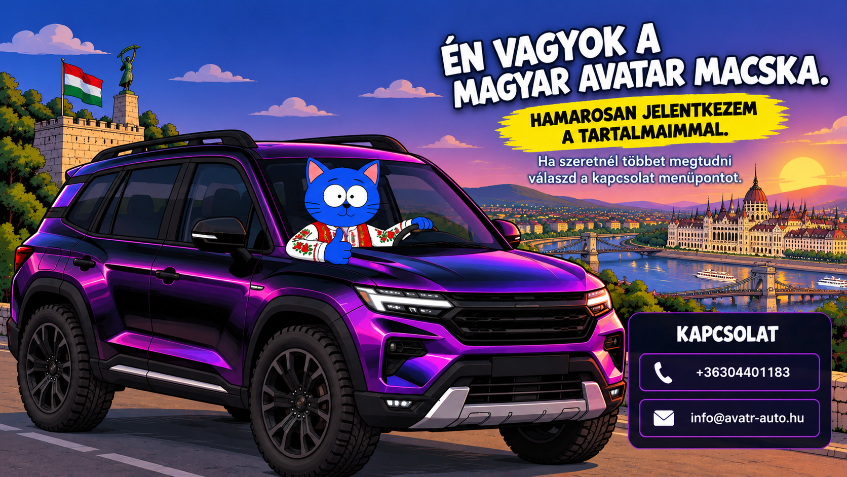 Kék macska magyar mintás ruhában egy feketéből lilába átmenetes robusztus SUV-ban